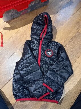 Disney Black Hooded Puffer Jacket with Red Trim